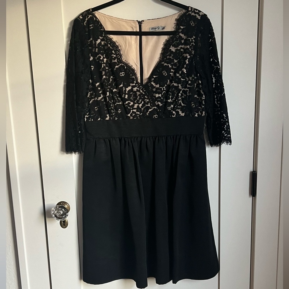 🛍️Eliza J Lace & Faille Black Semi Formal V neck Dress w pockets 14